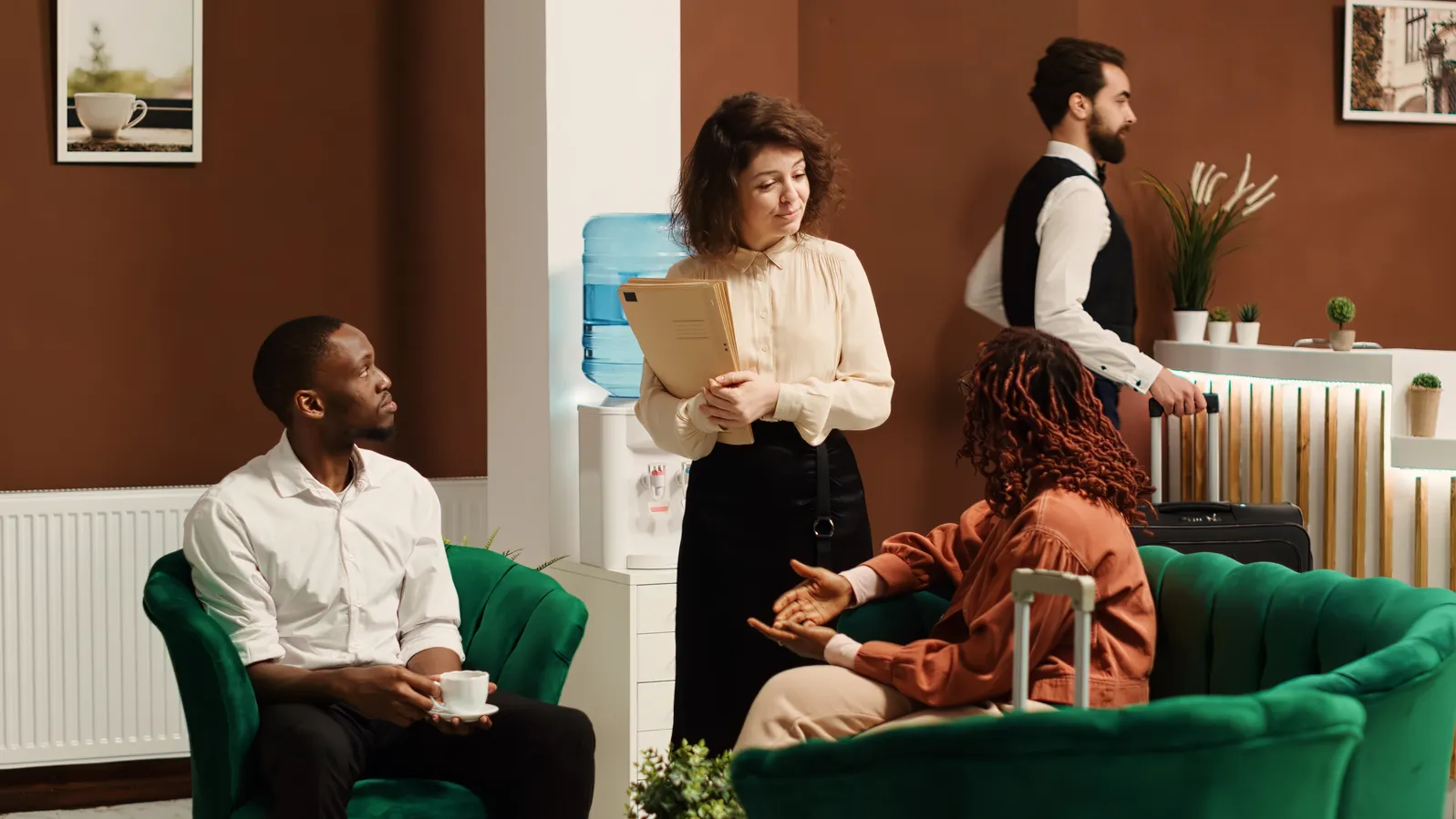 Diverse professionals in an office waiting area representing personality and culture assessment